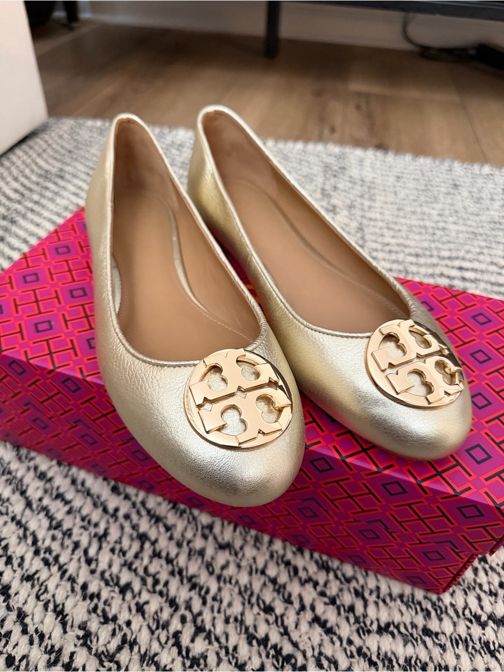 Tory Burch Metallic Gold Logo Round-Toe Ballet Flats-Never worn!
